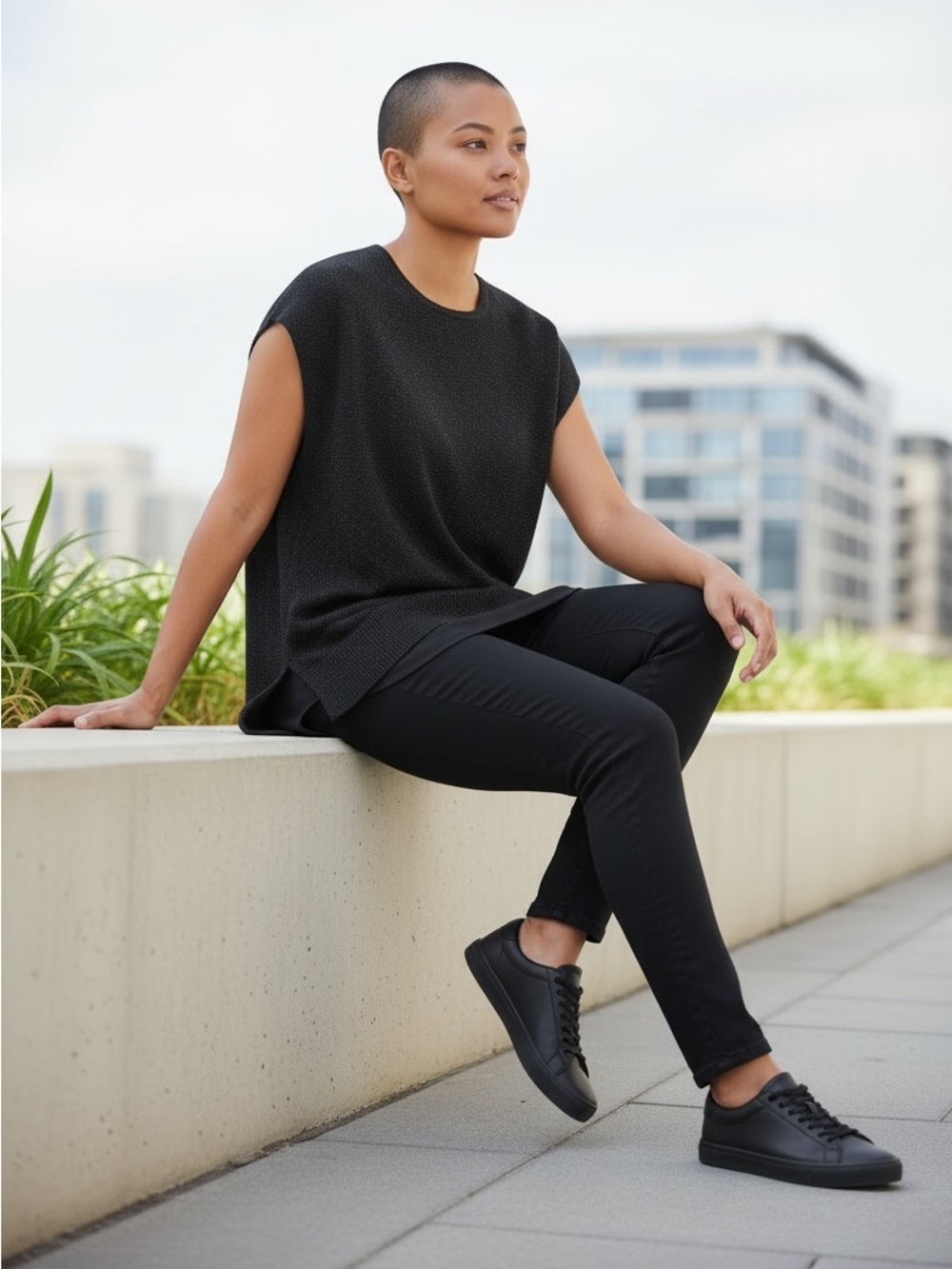 Coldwater Creek Black Cap-Sleeve Knit Tank with High-Low Hem S/8